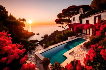A Mediterranean-inspired mansion with terracotta roofs and cascading bougainvillea, harmoniously blending with the coastal landscape against a radiant sunset.