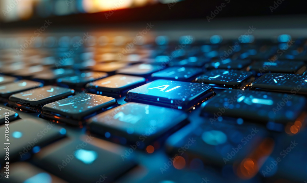 Poster blue ai button on a keyboard symbolizing artificial intelligence technology in modern computing and 