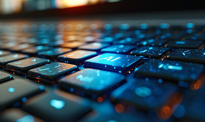 Blue AI button on a keyboard symbolizing artificial intelligence technology in modern computing and its integration into daily digital interactions - obrazy, fototapety, plakaty