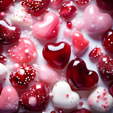 Display of Red and White Glass Heart-Shaped Candies with Sprinkles