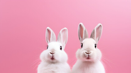 two white rabbit sitting on pink background. Generated AI - obrazy, fototapety, plakaty