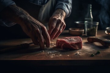 butcher cutting meat on the grill - obrazy, fototapety, plakaty