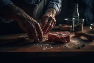 Fotobehang butcher cutting meat on the grill © Raccoon Stock AI