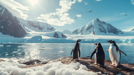 two penguins against the backdrop of beautiful snowy mountains and the sea, desktop screensaver - obrazy, fototapety, plakaty