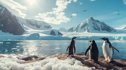 Foto op Plexiglas two penguins against the backdrop of beautiful snowy mountains and the sea, desktop screensaver © StellaPattaya