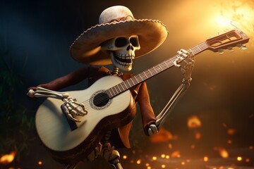 A skeleton plays a guitar while wearing a sombrero