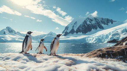 three penguins against the backdrop of beautiful snowy mountains and the sea, desktop screensaver - obrazy, fototapety, plakaty