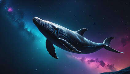 Whales swimming on a space themed background