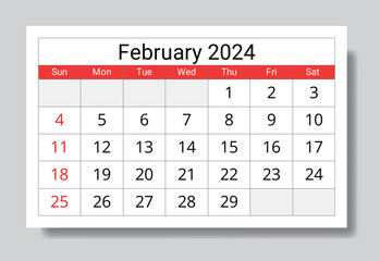 February 2024 ENGLISH month calendar. Vector printable illustration