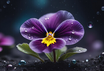 Blooming pansies on the moist, dripping ground