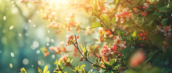 Spring ultra wide background with colorful flowers, soft light for banners, wallpapers or web pages