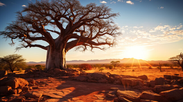 Close-up of a baobab tree against a desert background. Scorching heat, sunshine. Desert landscape. Generative AI