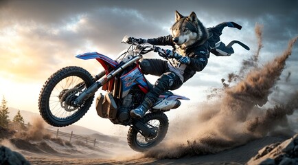 a wolf recklessly driving a dirt bike - obrazy, fototapety, plakaty