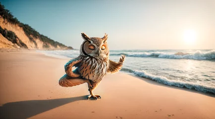 Poster an owl practicing yoga on the beach © Meeza
