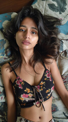 Obraz na płótnie Canvas Youthful Dreams: High Angle Full Body Shot of a Young Indian Girl in School Attire, Gazing Upwards with Natural Beauty and Tousled Hair, Reclining on Bed in a Romantic Mood