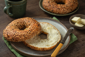 freshly baked bagels with butter