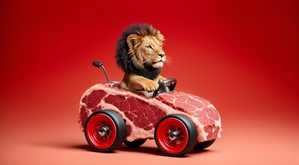 a lion riding a piece of meat with car wheels