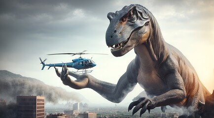 a giant dinosaur holding a helicopter in its hand