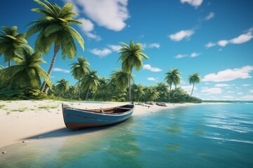 A tropical beach with a boat and palm trees
