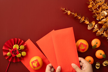 Chinese lunar new year background with fresh tangerine and the word means fortune.