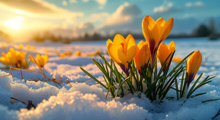 first yellow crocuses flowers on snow in the sunshine  - obrazy, fototapety, plakaty