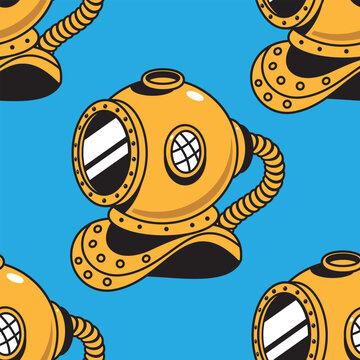 Vintage diving helmet vector cartoon seamless pattern background for wallpaper, wrapping, packing, and backdrop.