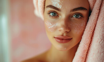 serene spa day portrait of an attractive lady with facial treatment on her skin - obrazy, fototapety, plakaty