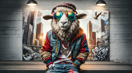 a cool and trendy sheep dressed in youthful clothes and colorful sunglasses