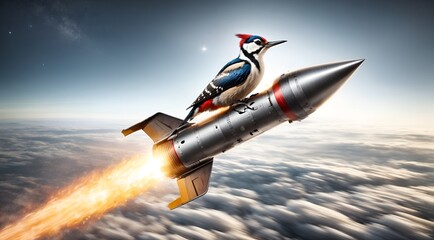 a woodpecker riding on a rocket