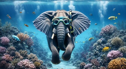 an elephant underwater wearing scuba diving gear - Powered by Adobe
