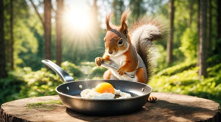 a squirrel holding a frying pan with a poached egg