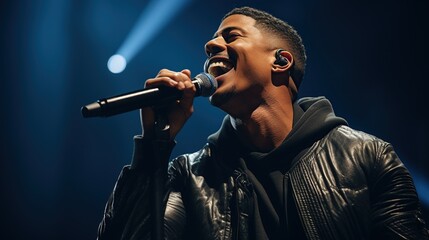 a pop star holding a microphone and singing on stage - obrazy, fototapety, plakaty