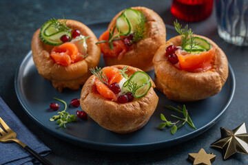 Yorkshire puddings with smoked salmon, cucumber and cream cheese