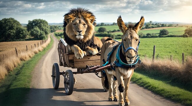 a cute lion riding in a cart pulled by a donkey