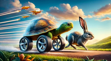 Foto auf Acrylglas a turtle with wheels racing ahead of a running rabbit in a playful challenge © Meeza