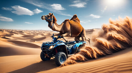 a camel riding an ATV in the desert - obrazy, fototapety, plakaty