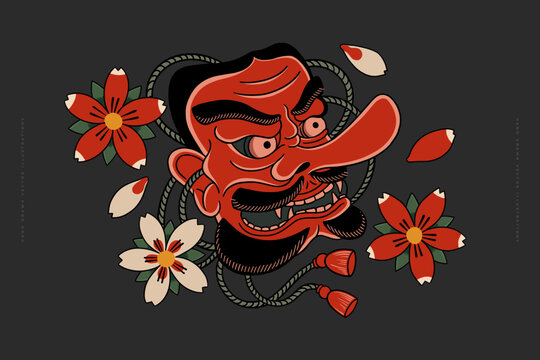 Tengu mask in flowers and cherry petals. Japanese mythical deity. Vector illustration on a dark background.