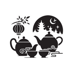 Serenity in Shadows: Chinese Tea Pot Silhouette Stock Series Tailored for Creative Ventures - Chinese New Year Silhouette - Chinese Tea Vector Stock

