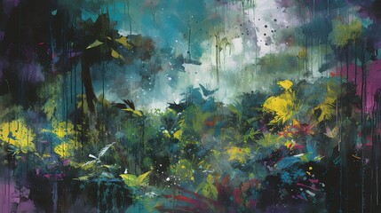 Abstract background of a lush rainforest after a heavy rain. The painting yang dominated by a deep, verdant green. - obrazy, fototapety, plakaty