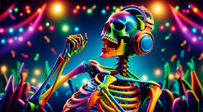 a multicolored skeleton wearing headphones and dancing joyfully