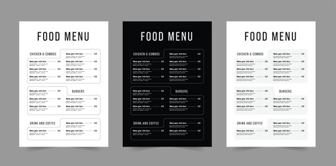 Restaurant Menu Fast Food and Wine Menu Layout in Three Colors