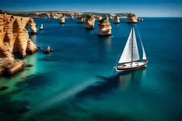Foto op Canvas A lone sailboat peacefully gliding across the sparkling waters of the Algarve coastline. © Nature