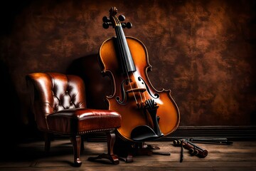 A violin resting against an old leather chair, hinting at a melody just played.