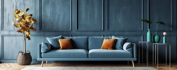 Foto op Aluminium Minimalist loft home interior design featuring a blue sofa against a paneled wall in the modern living room  © simo