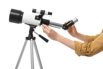 Astronomer with telescope on white background, closeup