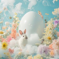 An enchanting scene with a small bunny beside a giant egg, immersed in a mystical fog of multicolored flowers