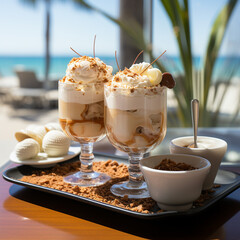 Chocolate ice cream eskimo and summer palm beach created with Generative Ai - obrazy, fototapety, plakaty