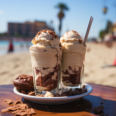 Chocolate ice cream eskimo and summer palm beach created with Generative Ai - obrazy, fototapety, plakaty