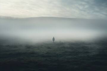 lonely person walk in mystic foggy landscape silhouette
