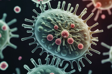 corona virus 2019-ncov flu outbreak, covid-19 3d banner illustration, microscopic view of floating influenza virus cells